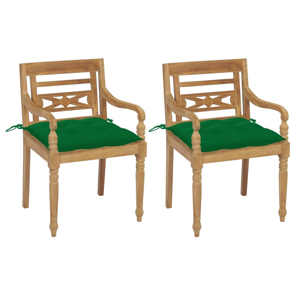 vidaXL 2X Solid Teak Wood Batavia Chair with Green Cushions Garden Outdoor Patio Balcony Dinner Dining Lounge Seating Chairs Wooden