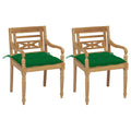 vidaXL 2X Solid Teak Wood Batavia Chair with Green Cushions Garden Outdoor Patio Balcony Dinner Dining Lounge Seating Chairs Wooden