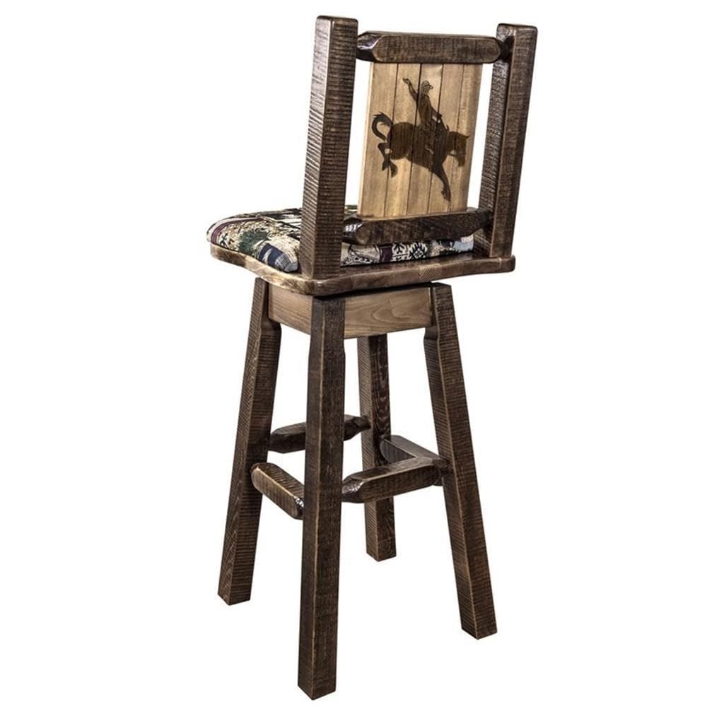 Montana Woodworks Homestead Collection Barstool with Back & Swivel, Upholstered Seat, Woodland Pattern with Laser Engraved Bronc Design, Stained & Lacquered