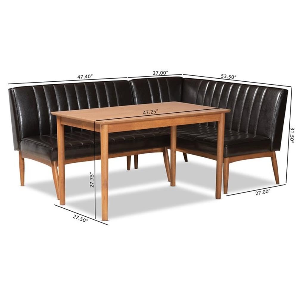 Baxton Studio Daymond Mid-Century Modern Dark Brown Faux Leather Upholstered and Walnut Brown Finished Wood 3-Piece Dining Nook Set