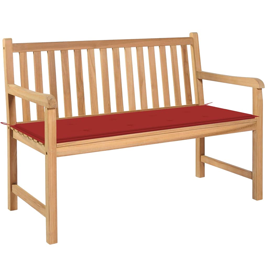 Vidaxl Solid Teak Wood Patio Bench With Red Cushion Garden Outdoor Balcony Backyard Terrace Lounge Seating Home Furniture Wooden 47.2&quot;