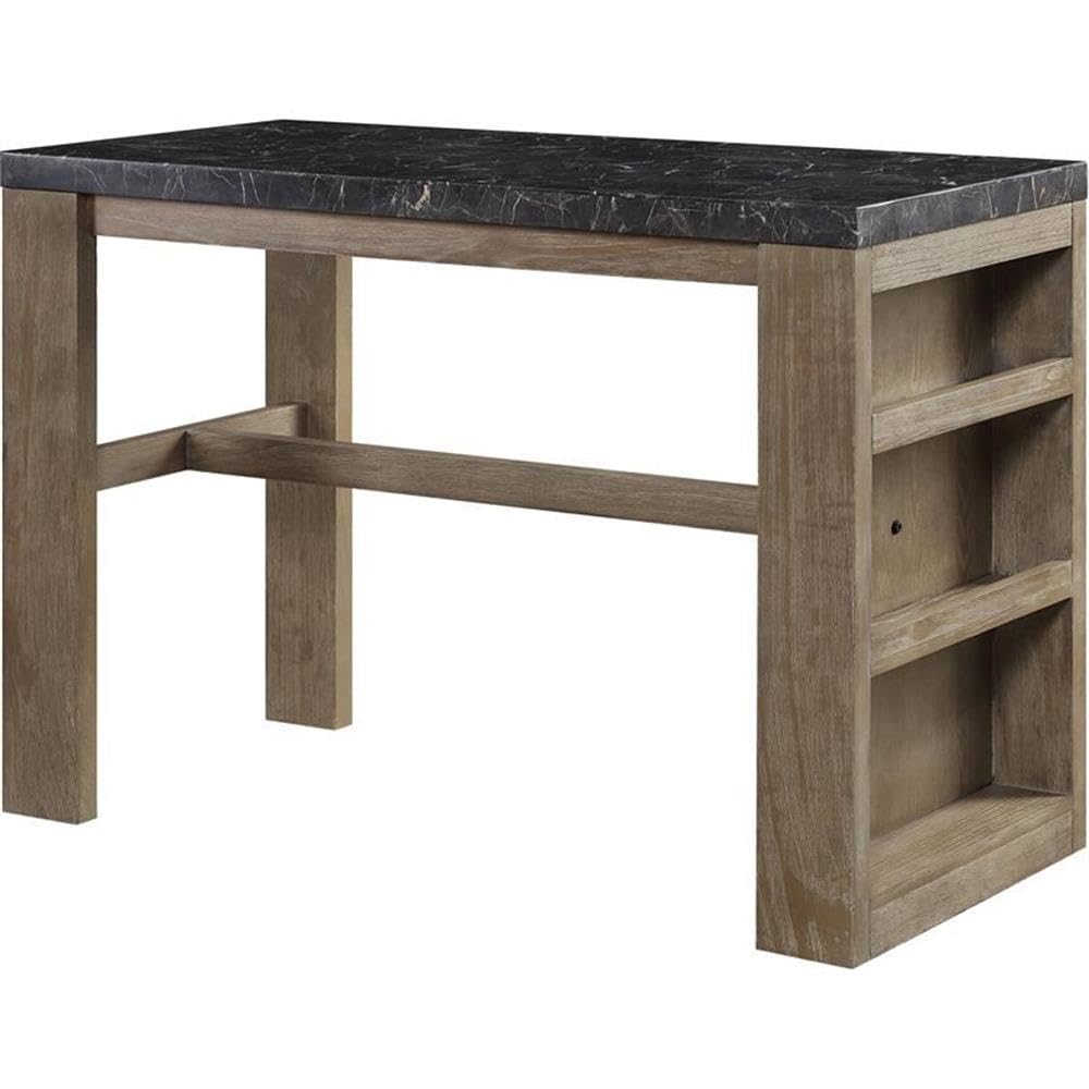 Acme Charnell Marble Top Counter Heigh Table with Storage Base in Black and Oak