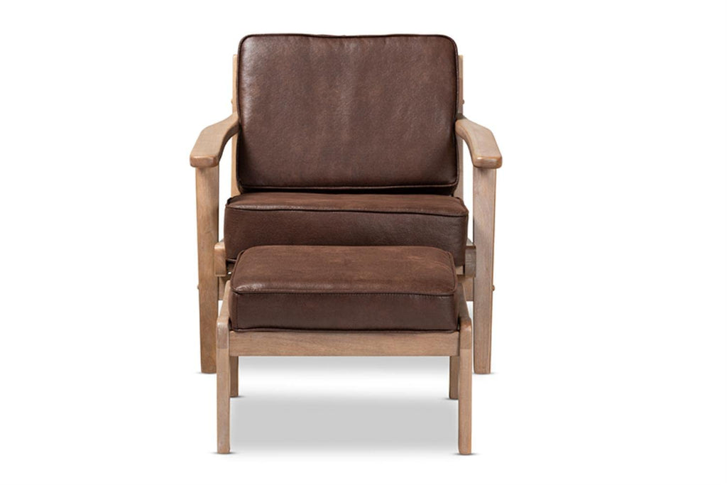 Baxton Studio Sigrid Mid-Century Modern Dark Brown Faux Leather Effect Fabric Upholstered Antique Oak Finished 2-Piece Wood Armchair and Ottoman Set
