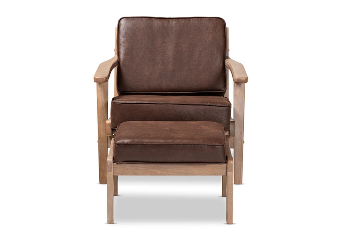 Baxton Studio Sigrid Mid-Century Modern Dark Brown Faux Leather Effect Fabric Upholstered Antique Oak Finished 2-Piece Wood Armchair and Ottoman Set