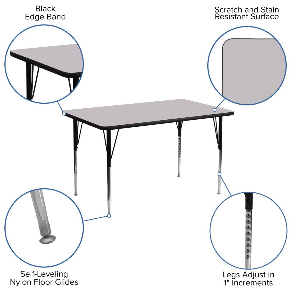 Flash Furniture 24''W x 48''L Rectangular Grey Thermal Laminate Activity Table - Standard Height Adjustable Legs