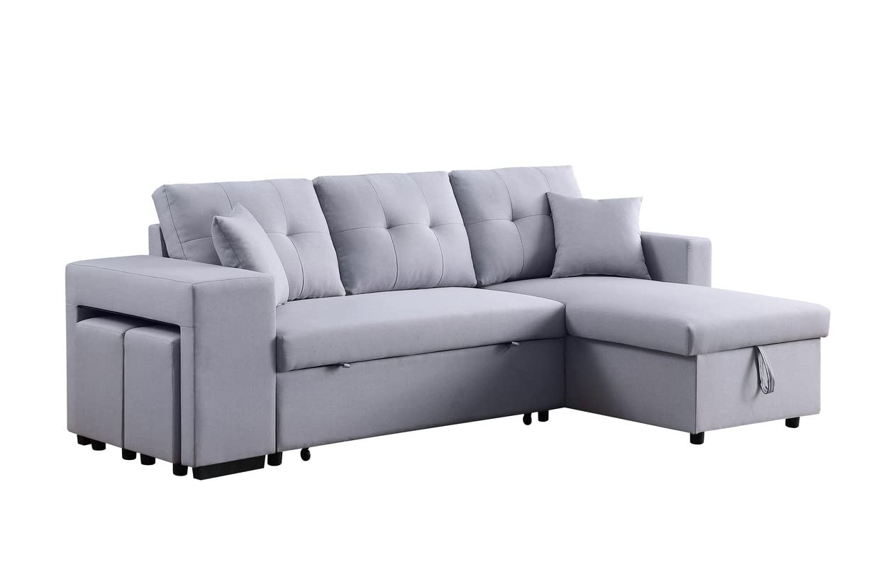 Lilola Home Dennis Dark Gray Linen Fabric Reversible Sleeper Sectional with Storage Chaise and 2 Stools