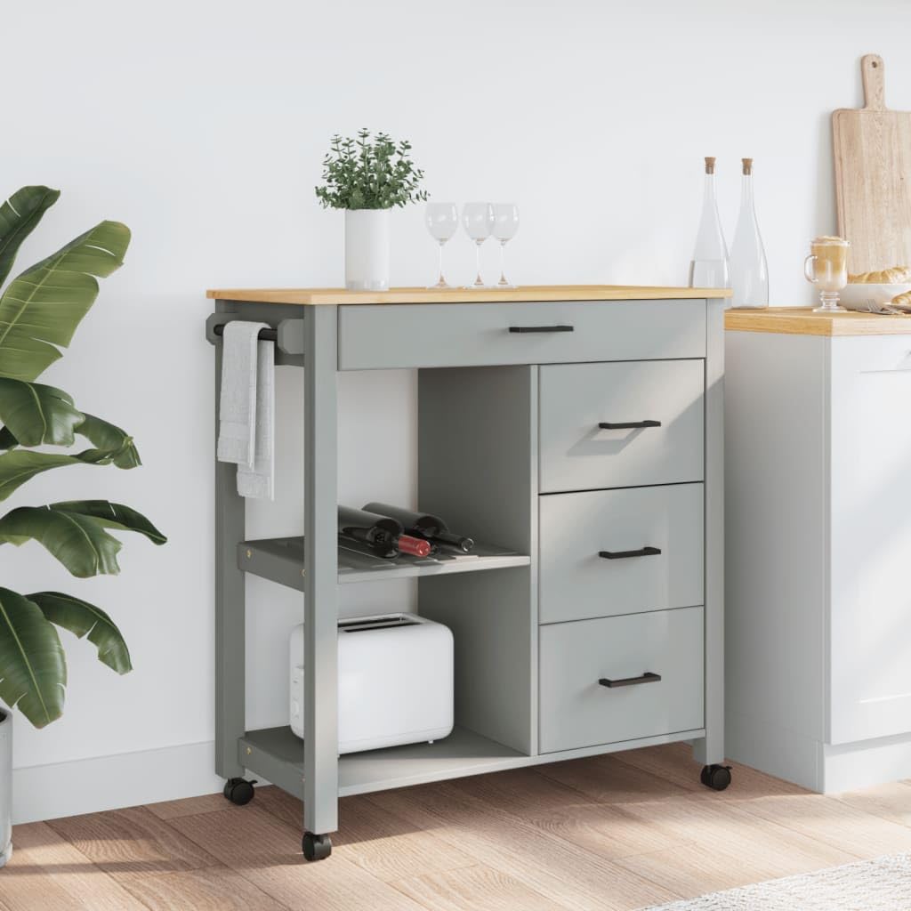 vidaXL Kitchen Trolley Rolling Cart - Solid Pine Wood with Gray-Honey Wax, 4 Drawers, 2 Shelves, Lockable Wheels, for Storage