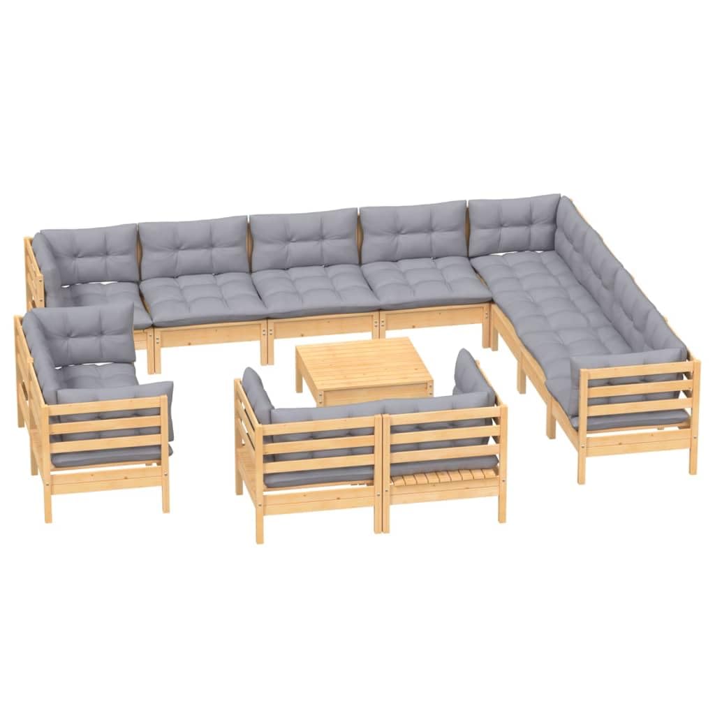 vidaXL 13-Piece Outdoor Patio Lounge Set - Made of Solid Pinewood with Comfortable Gray Cushions - Ideal for Garden, Yard, Poolside