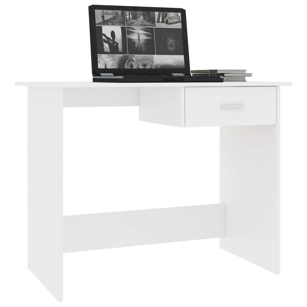 vidaXL Engineered Wood Desk with Drawer Feature, Sleek Modern Design, Ideal for Office and Home Use, Durable and Easy to Maintain - White Color