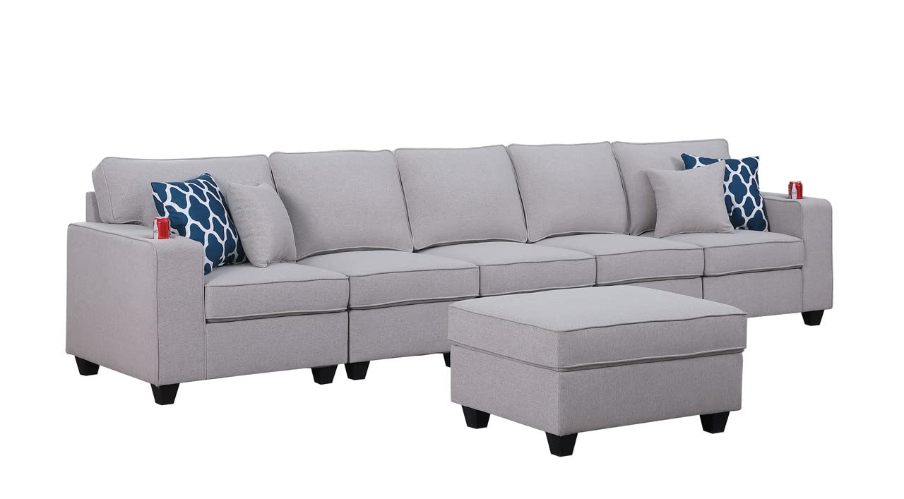 Lilola Home Cooper Light Gray Linen 5-Seater Sofa with Ottoman and Cupholder