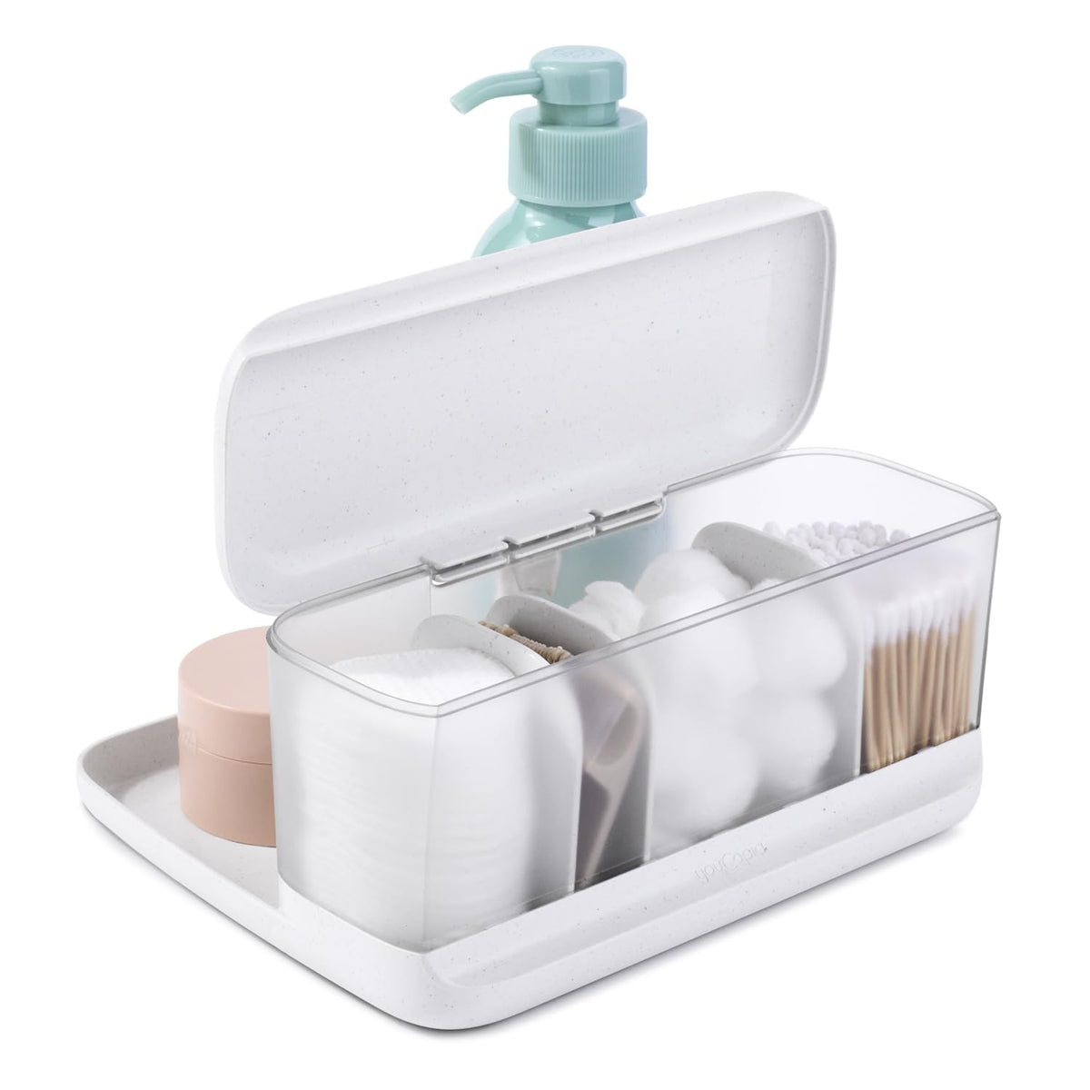 YouCopia HideAway Counter Caddy, Bathroom Vanity Countertop Organizer Tray with Adjustable Dividers and Lid