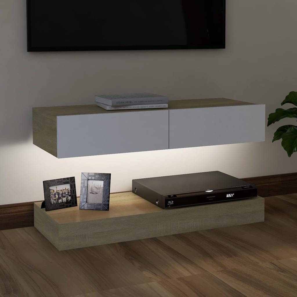 vidaXL TV Cabinet with LED Lights White and Sonoma Oak 35.4&quot;x13.8&quot;