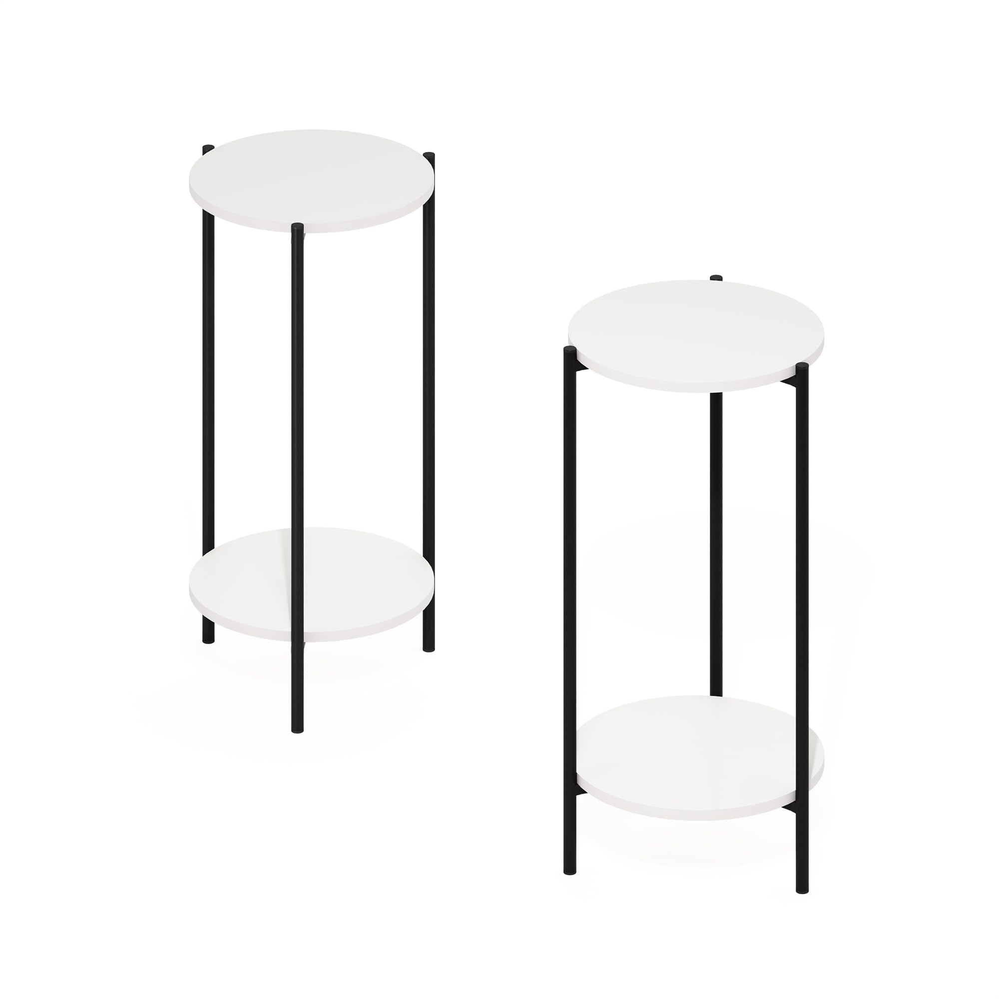Furinno Besi 2-Tier Modern Tall Round Side End Table with Sturdy Metal Legs, Set of 2, White/Black