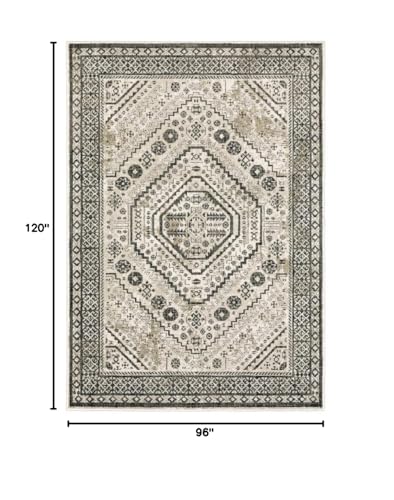 HomeRoots 508983 8 x 10 ft. Ivory Gray Black & Ivory Oriental Power Loom Stain Resistant Rectangle Area Rug