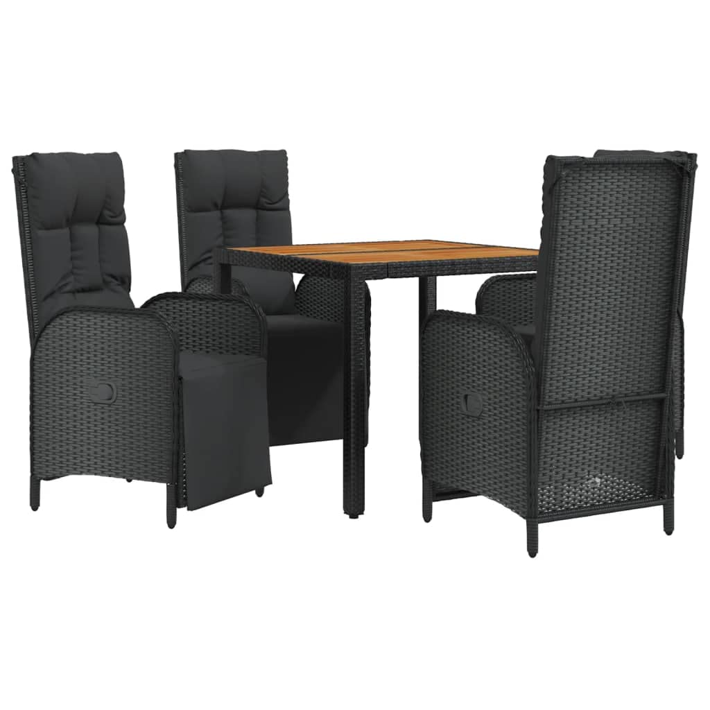 vidaXL 5-Piece Modern Patio Dining Set - Black Poly Rattan Outdoor Furniture with Reclining Function, Comfortable Cushions, Acacia Wood Tabletop