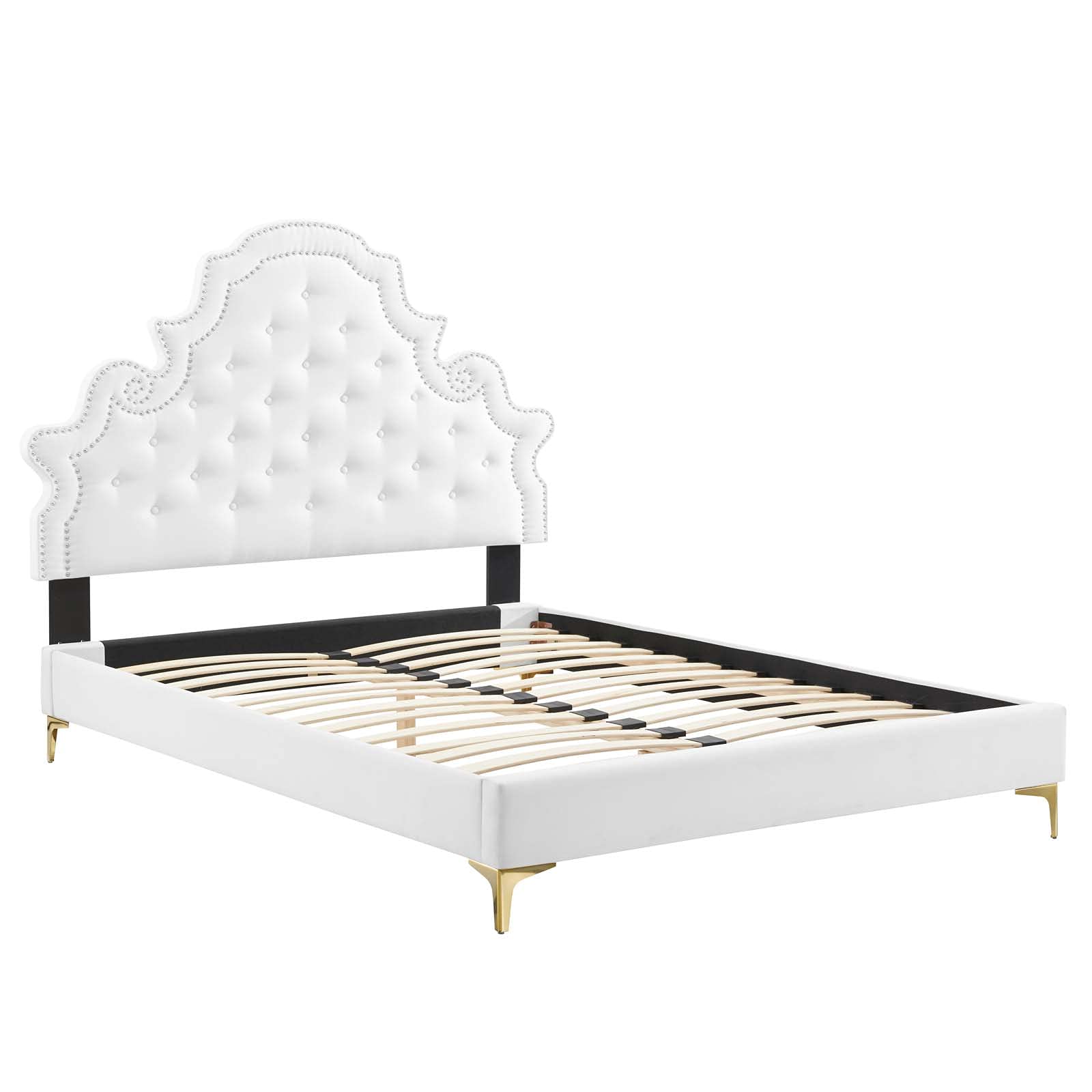 Modway Gwyneth Tufted Performance Velvet Twin Platform Bed in White with Gold Metal Legs