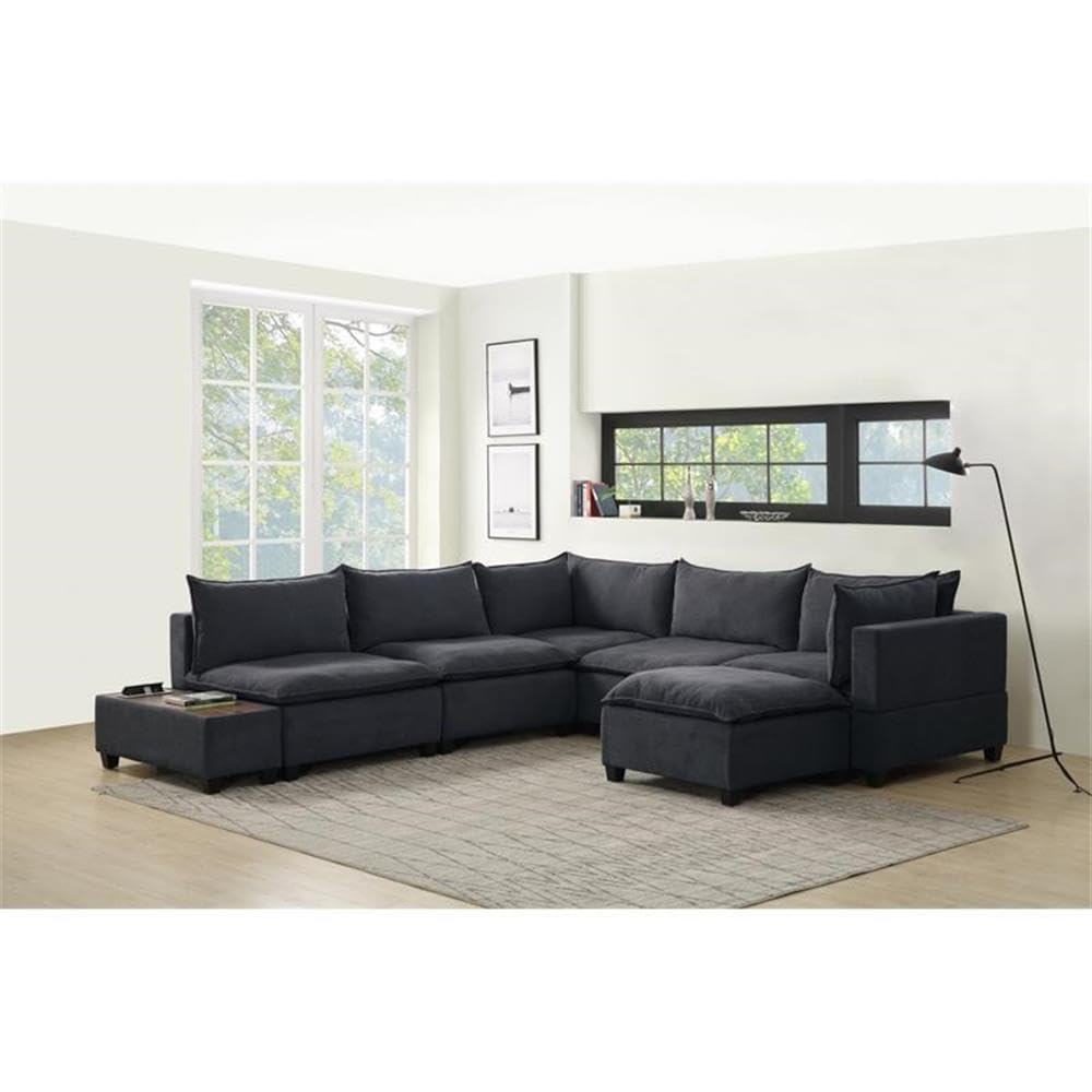 Lilola Home Madison Dark Gray Fabric 7 Piece Modular Sectional Sofa Chaise with USB Storage Console Table
