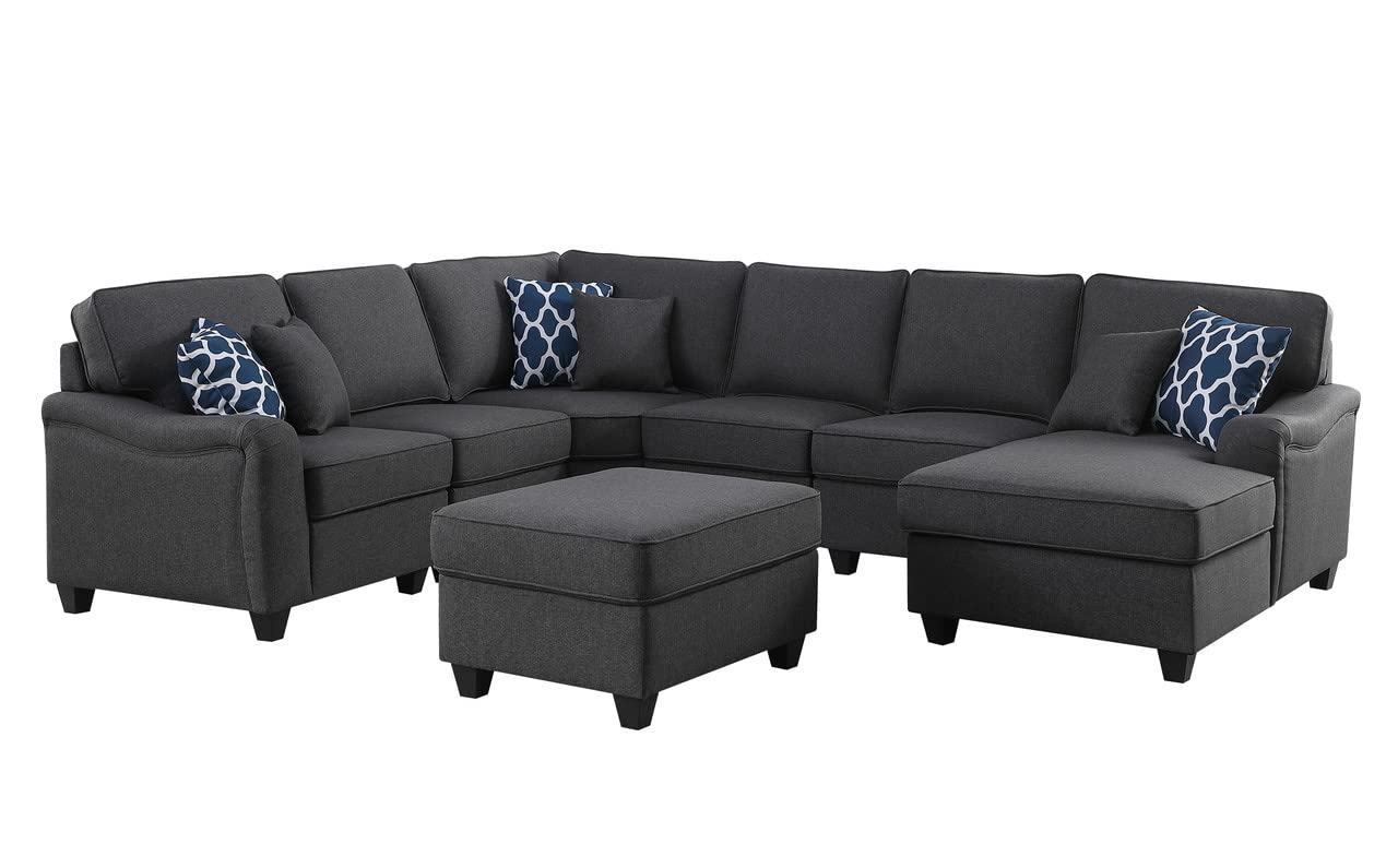 Lilola Home Leo Dark Gray Linen 7Pc Modular L-Shape Sectional Sofa Chaise and Ottoman