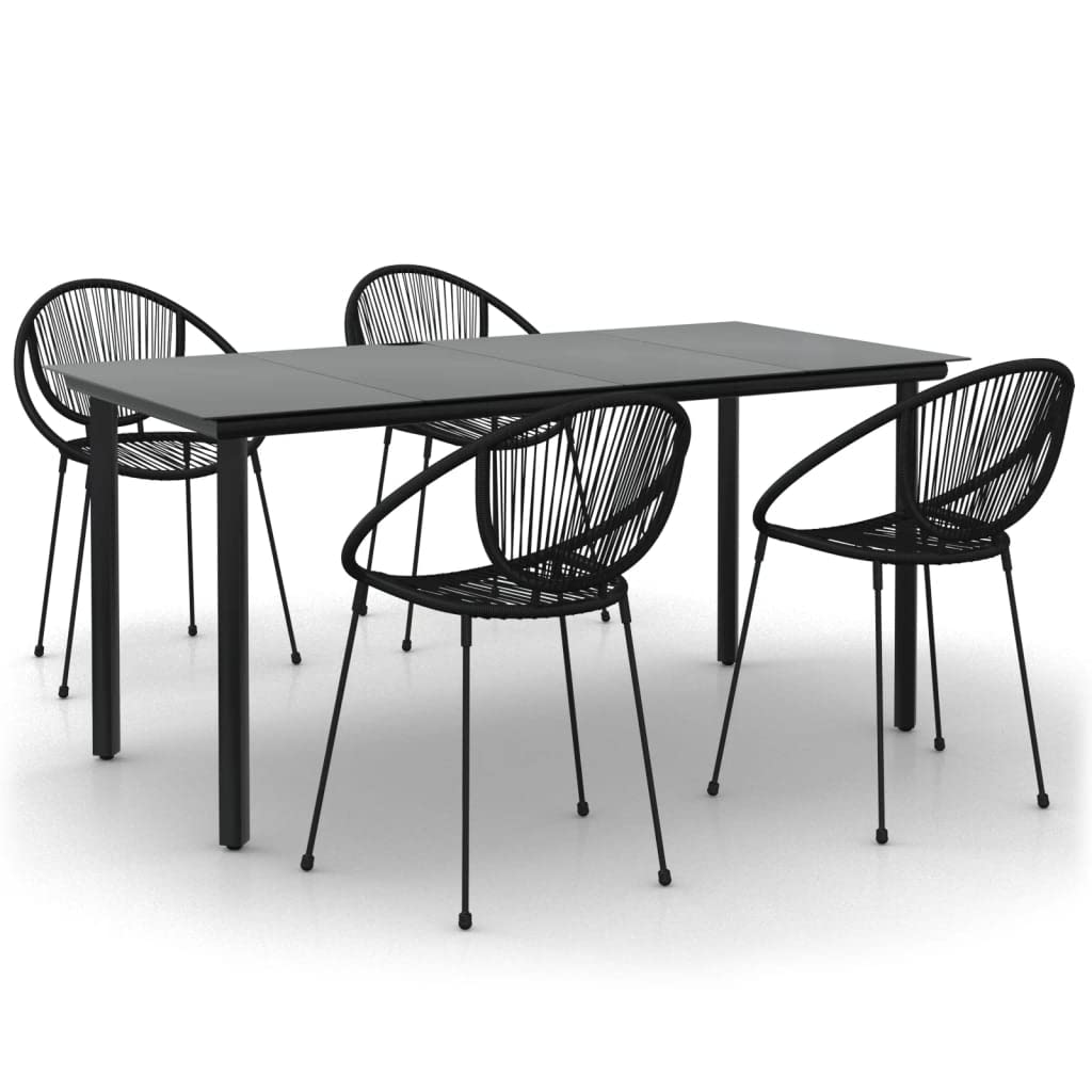 Vidaxl Black Pvc Rattan Garden 5-Piece Dining Set With Tempered Glass Tabletop, Sturdy Powder-Coated Steel Frame, Space-Saving Stackable Chairs Design - Perfect For Patio, Deck And Outdoor Dining