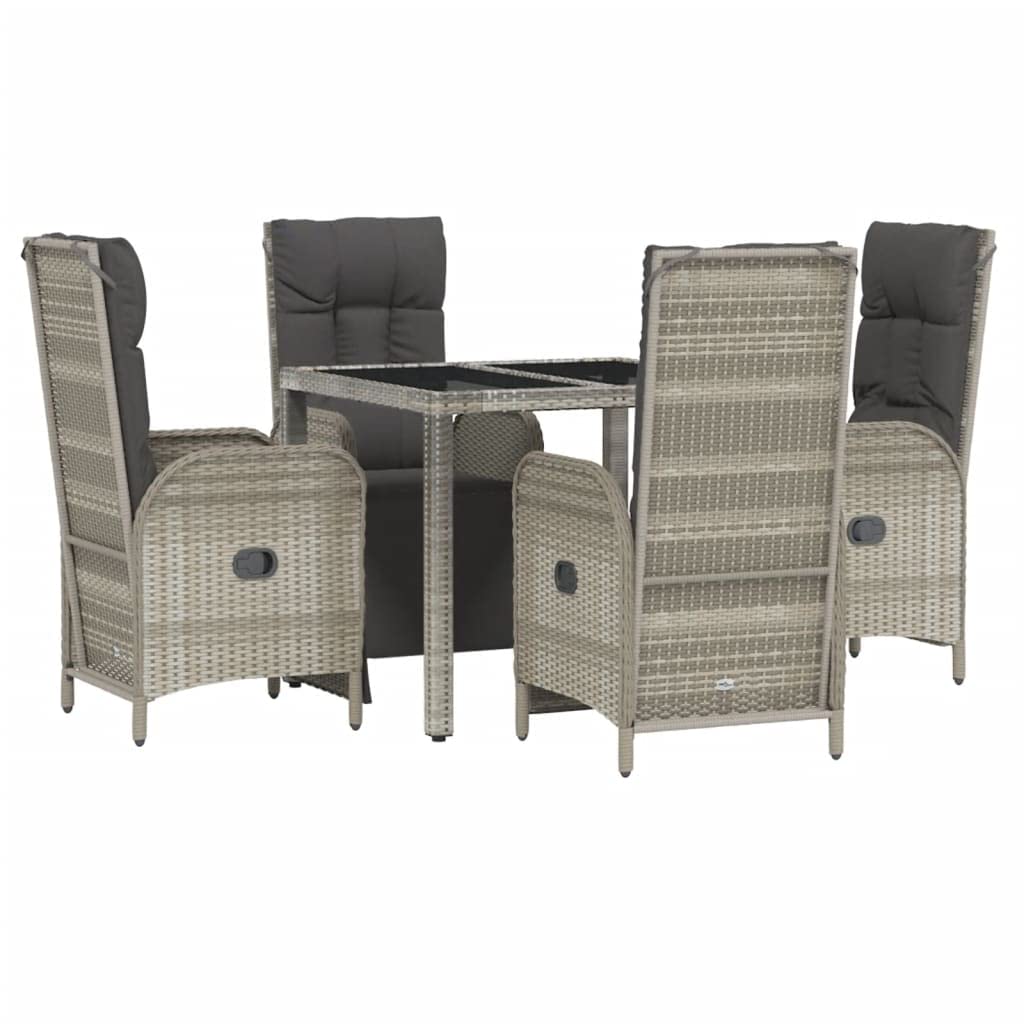 Vidaxl Gray Poly Rattan Patio Dining Set - Outdoor Furniture 5 Piece With Reclining Chairs, Tempered Glass Top Table, & Cushions