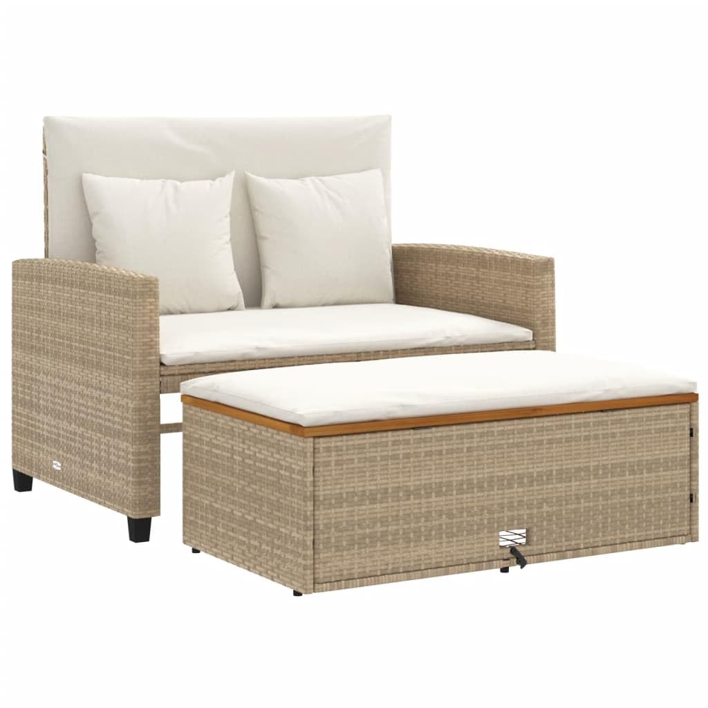 vidaXL Patio Sofa with Cushions - 2-Seater Beige Poly Rattan & Acacia Wood - Convertible Bench/Sofa Bed - Outdoor Garden Deck Furniture with Footstool & Storage