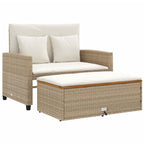 vidaXL Patio Sofa with Cushions - 2-Seater Beige Poly Rattan & Acacia Wood - Convertible Bench/Sofa Bed - Outdoor Garden Deck Furniture with Footstool & Storage