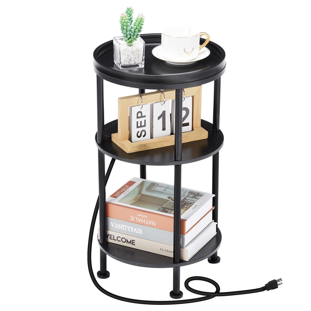 Small Round Side Table with Charging Station for Small Spaces, 3-Tier Round Accent Table with USB Ports & Power Outlets,Round Co