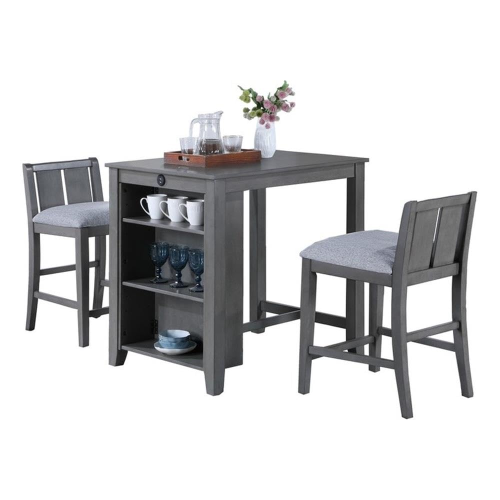 LILOLA LIVING Graham 3-Piece Gray Finish Small Space Counter Height Dining Table with Shelves and 2 Chairs