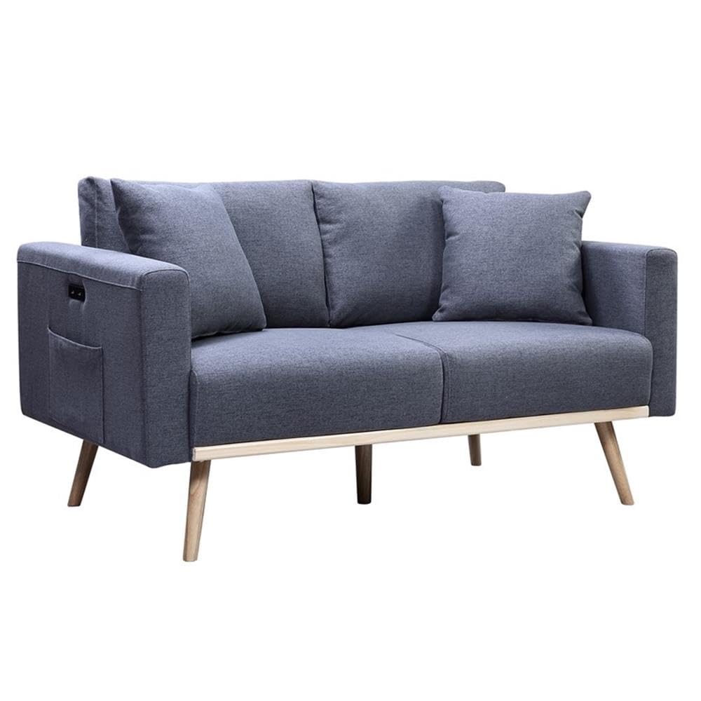 Lilola Home Easton Dark Gray Linen Fabric Loveseat with USB Charging Ports Pockets & Pillows