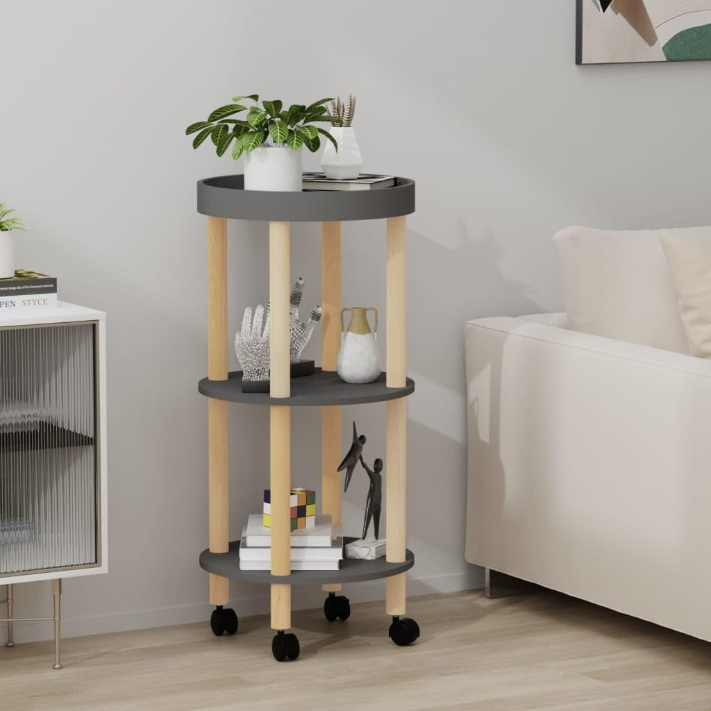 vidaXL Modern Scandinavian 3-Tier Trolley in Gray - Engineered Wood & Solid Pine, Mobile Storage Cart with Locking Wheels - 15x15x32.3