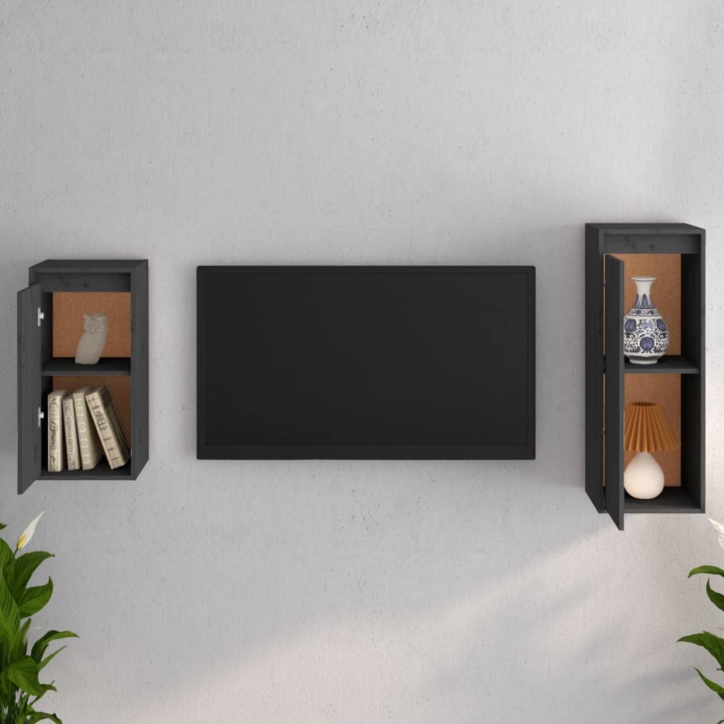 vidaXL Solid Pinewood TV Stands 2 Pcs - Wall Units for Storage - Gray Television Cabinets - Easy to Clean Units with Trendy Design