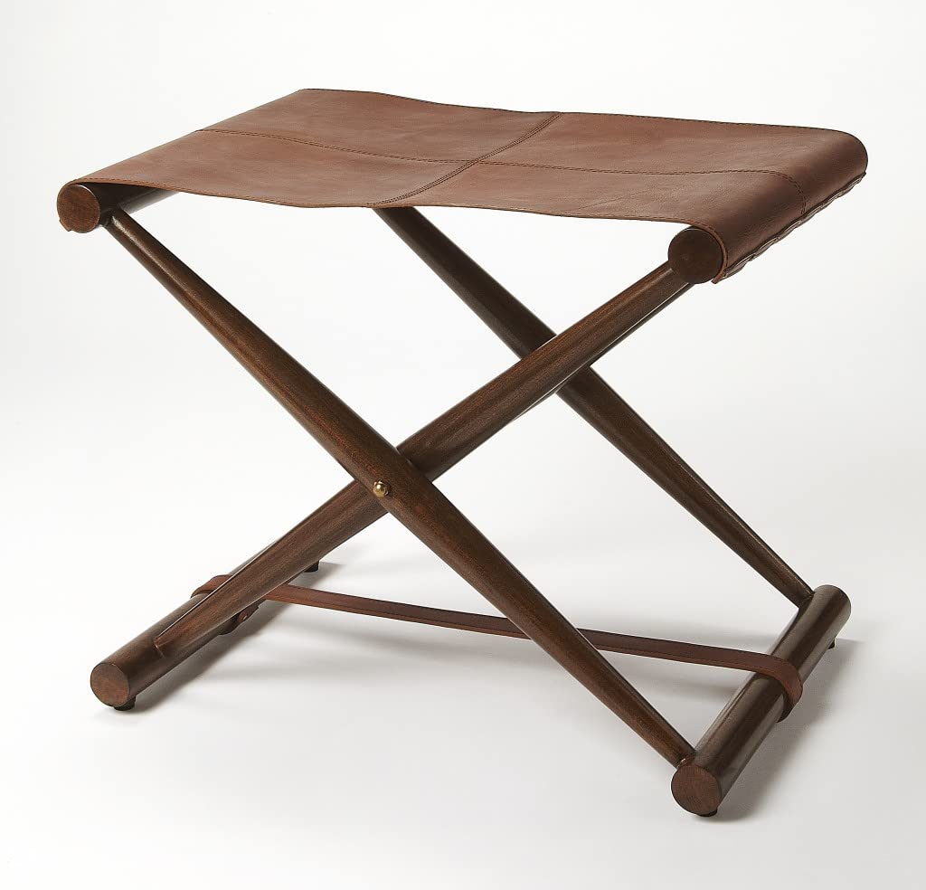 HomeRoots Medium Brown Brown Wood and Leather Portable Stool