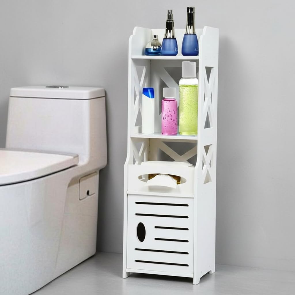 SS ARTS Free Standing Bathroom Cabinet with Door/Toilet Paper Holder Organizer/Bathroom Rack  White (Polyvinyl Chloride)