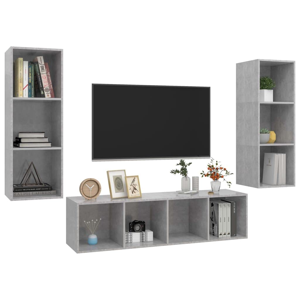 vidaXL TV Stand Set 3 Piece Hanging Wall Mount Stand Unit HiFi Stereo Plasma Cabinet for Living Room Furniture Concrete Gray Engineered Wood