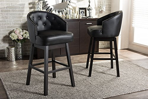 Baxton Studio Avril Modern and Contemporary Black Faux Leather Tufted Swivel Barstool with Nail heads Trim