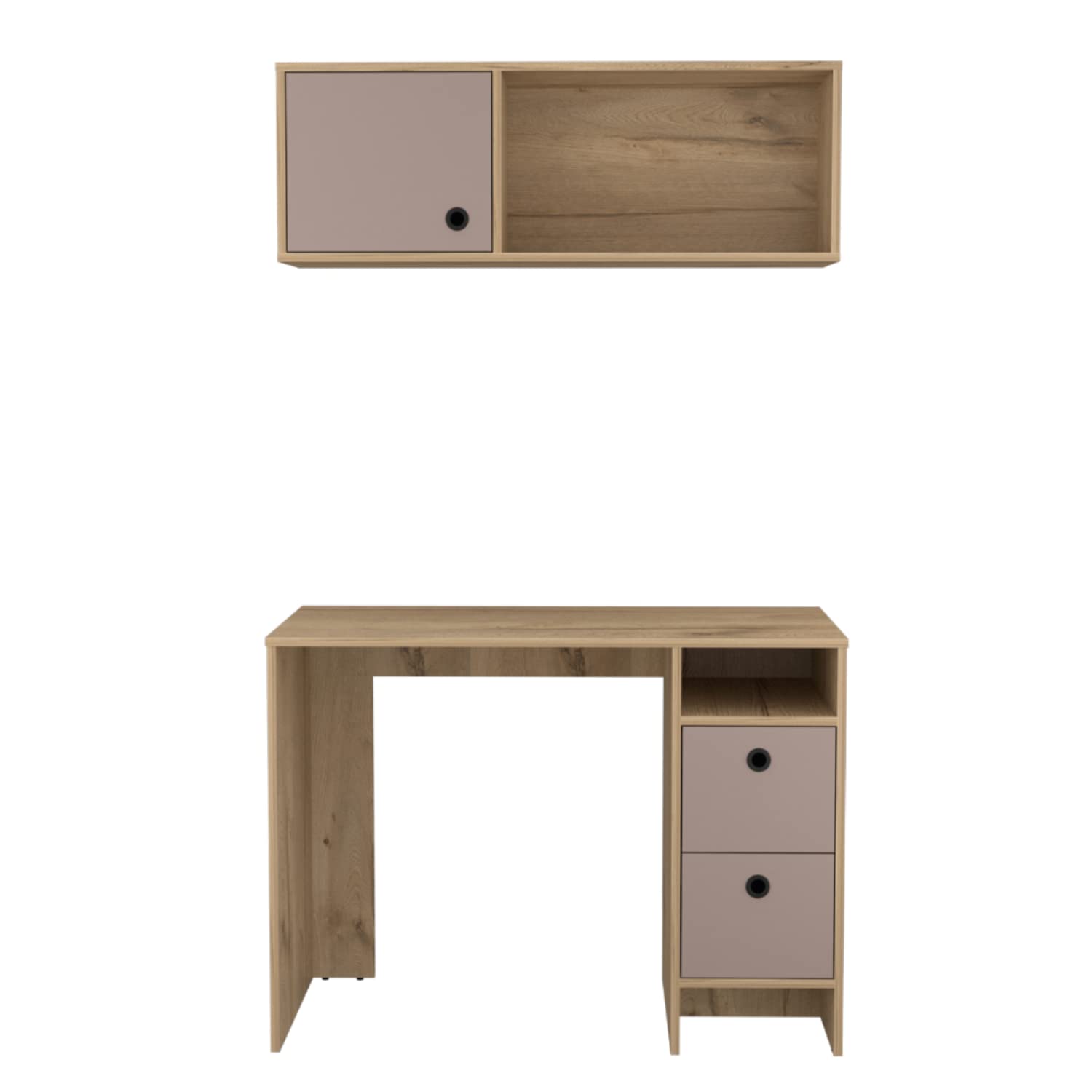 Aramis Office Set with 2 Shelves, 2 Drawers, Wall Cabinet, Single Door Cabinet, and Metal Hardware, Light Oak/ Taupe