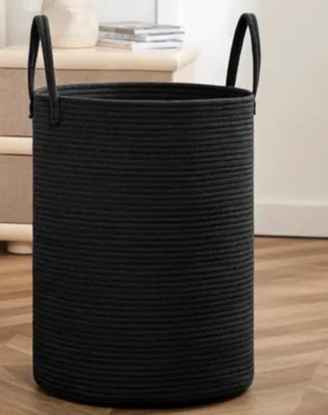 Woven Cotton Rope Laundry Basket Hamper 60L Black 38x43cm