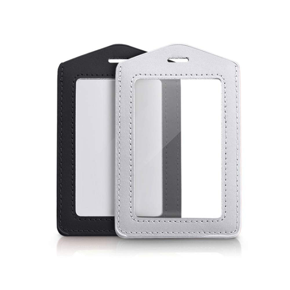 Teensery 2 Pcs Vertical Leather Id Badge Holder Waterproof Clear Card Holder For School Id Office Id, Black And Silver Gray(Only