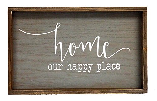 PARISLOFT Home Our Happy Place Wood Wall Framed Sign Natural Wood Wall Decor 19.5x11.5inches