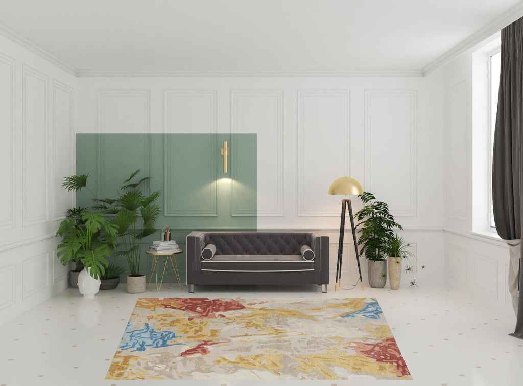 HomeRoots 513637 8 x 10 ft. Ivory Yellow & Blue Wool Abstract Hand Tufted Handmade Stain Resistant Rectangle Area Rug