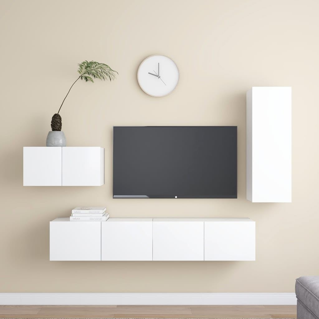 vidaXL TV Cabinet Set 4 Piece Home Living Room Furniture TV Stand HiFi Stereo Cabinet Media Unit Entertainment Center White Engineered Wood