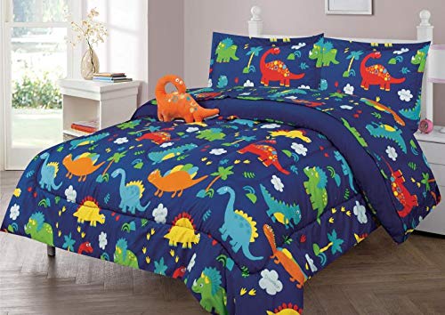 Sapphire Home 4 Piece Dinosaur Queen Kids Comforter Set - Kids Bedding - Pillow Sham, Decorative Toy Pillow - Toddler Bed Kit, D