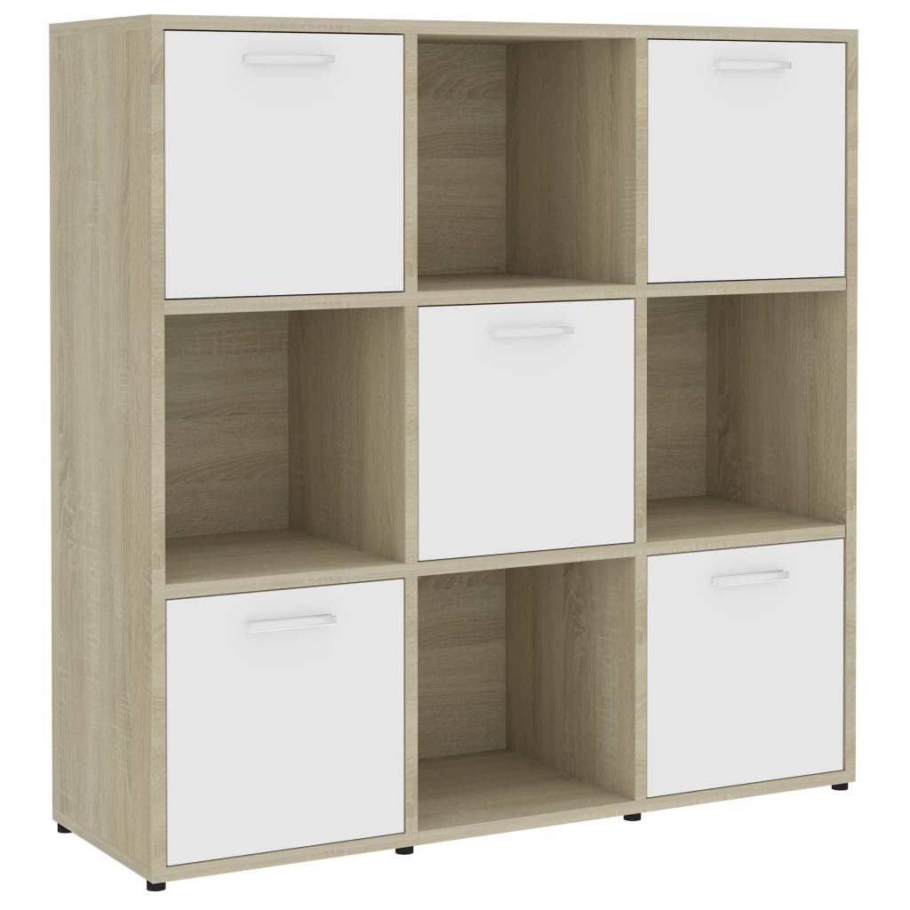 vidaXL Book Cabinet, Book Cabinet with 5 Doors Bookcase, Storage Shelf for Living Room, Shelving Unit, Modern, White and Sonoma Oak Engineered Wood