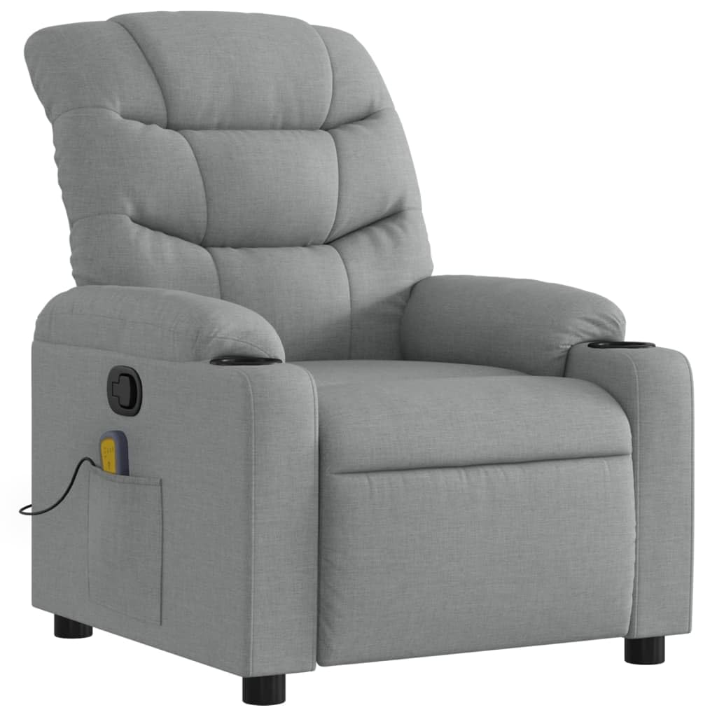 vidaXL Light Grey Massage Recliner Armchair - Fabric Single Sofa with Cup Holders, Side Pocket, Vibration Massage, Manual Recline