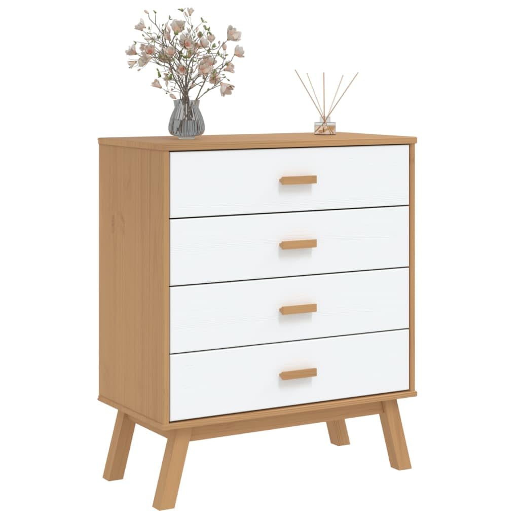 vidaXL Olden Drawer Cabinet - White/Brown Solid Pinewood, 4 Drawers, for Storage and Display in Living Room/Bedroom, 30.1"x15.4"x35.4"