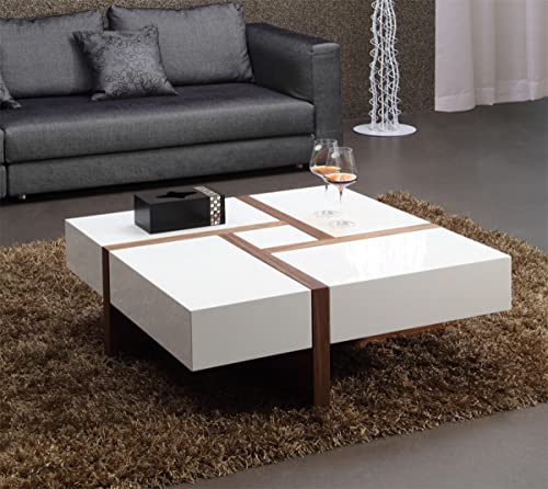 HomeRoots White, Walnut Veneer, MDF, Metal Modern White and Walnut Square Coffee Table with Storage