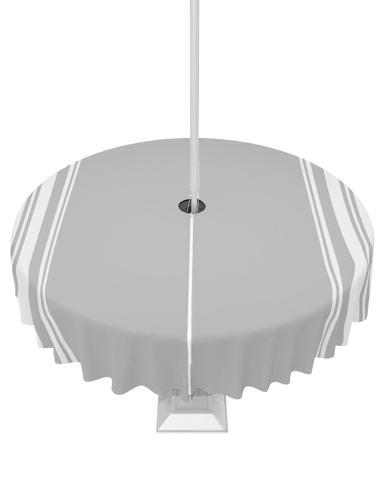 Queenker Outdoor Tablecloth With Umbrella Hole, Farmhouse Gray White Stripe Round Tables Waterproof Tabletop Collection For Pati