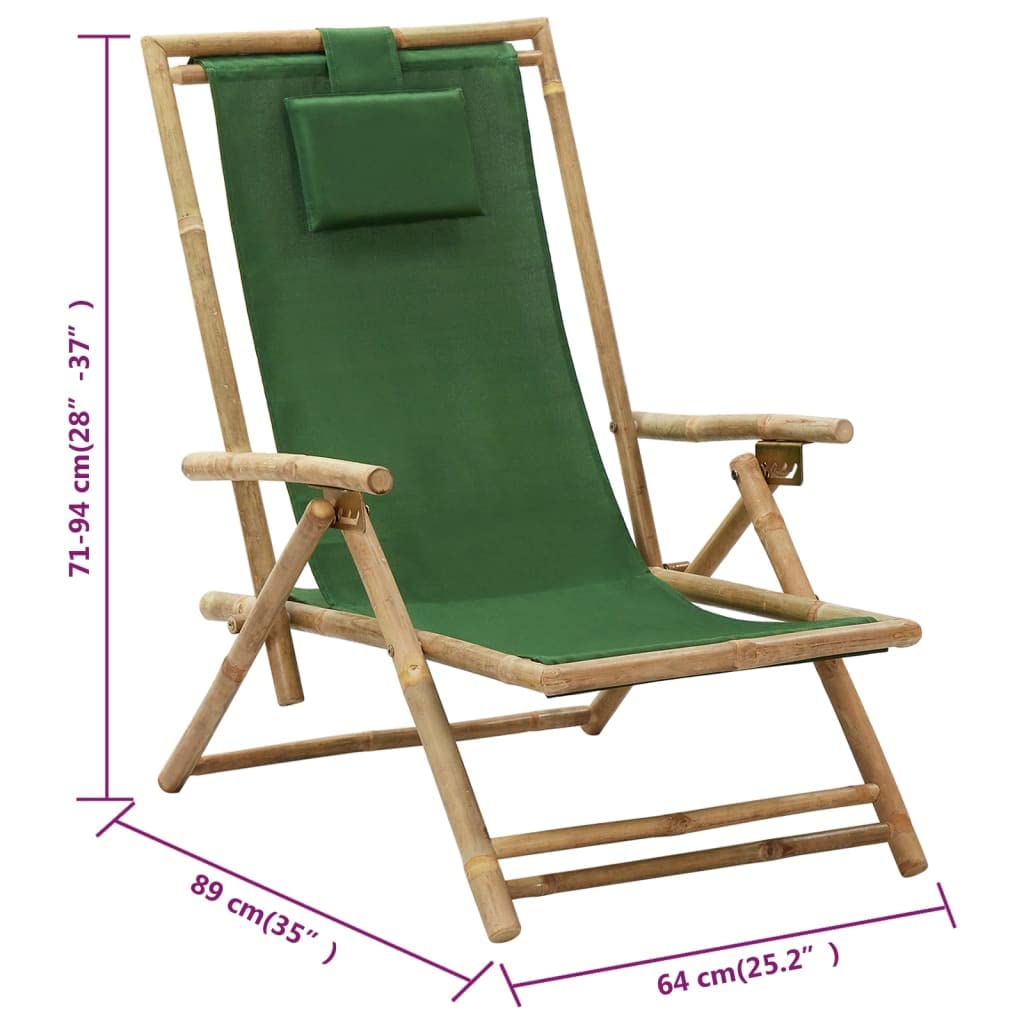 vidaXL Modern Relaxing Chair with Adjustable Backrest and Pillow, Crafted from Green Bamboo and Fabric, Foldable for Easy Storage and Transportation