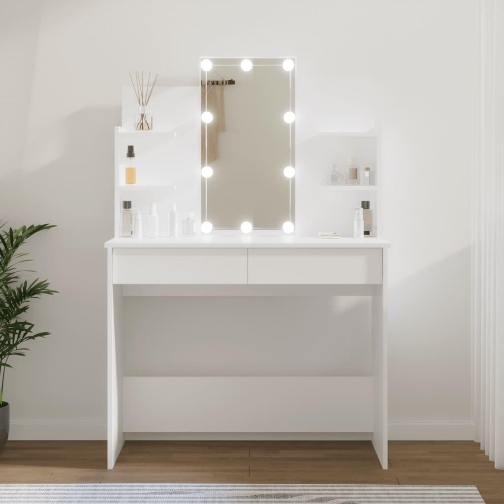 vidaXL LED Lit Modern Dressing Table with Asymmetrical Design, Engineered Wood Material, White, Stylish Bedroom Furniture with LED Lighting
