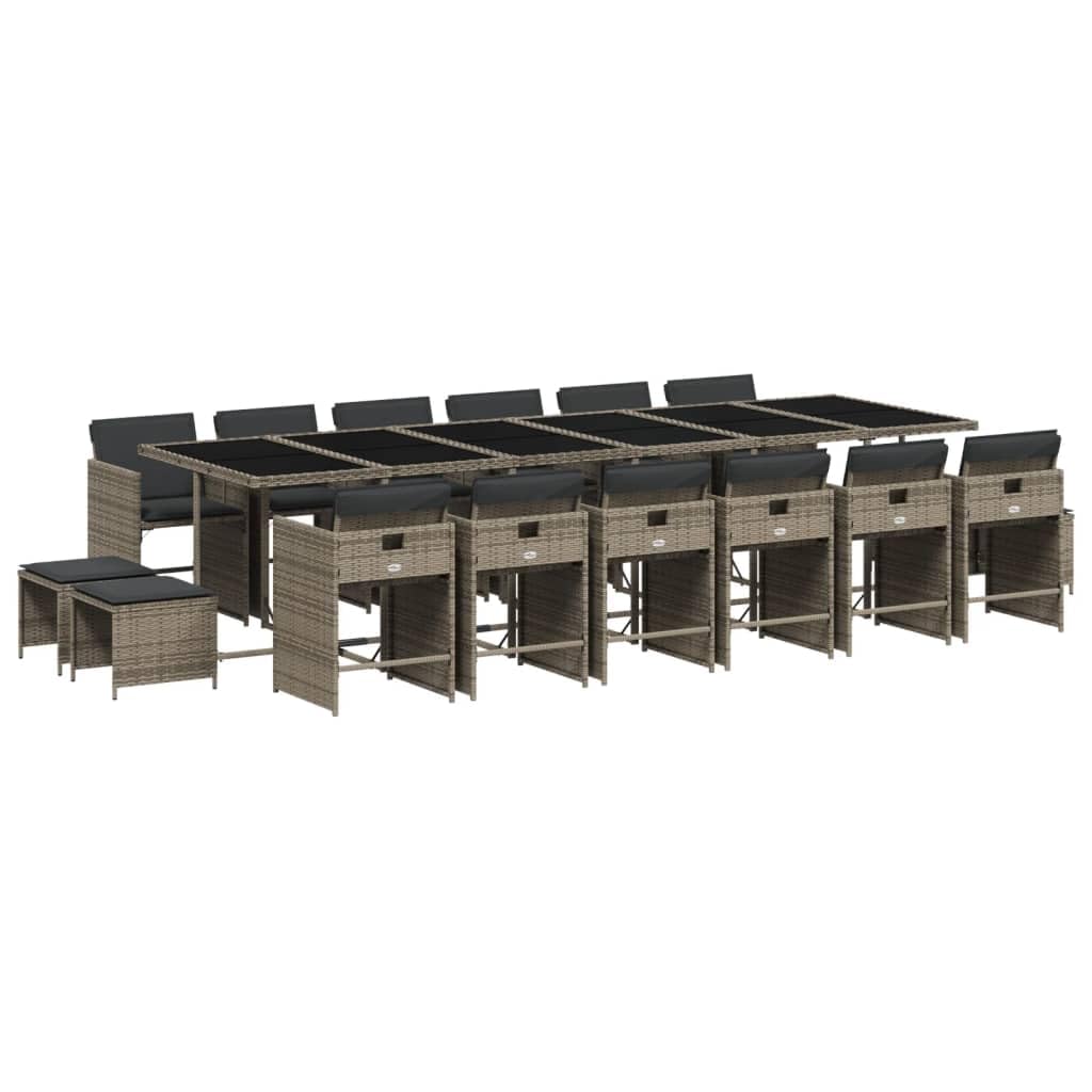 vidaXL Patio Dining Set with Cushions - 17 Piece Gray Poly Rattan Outdoor Garden Furniture, Tempered Glass Table and Removable Covers, Foldable Chairs with Stools for Compact Storage